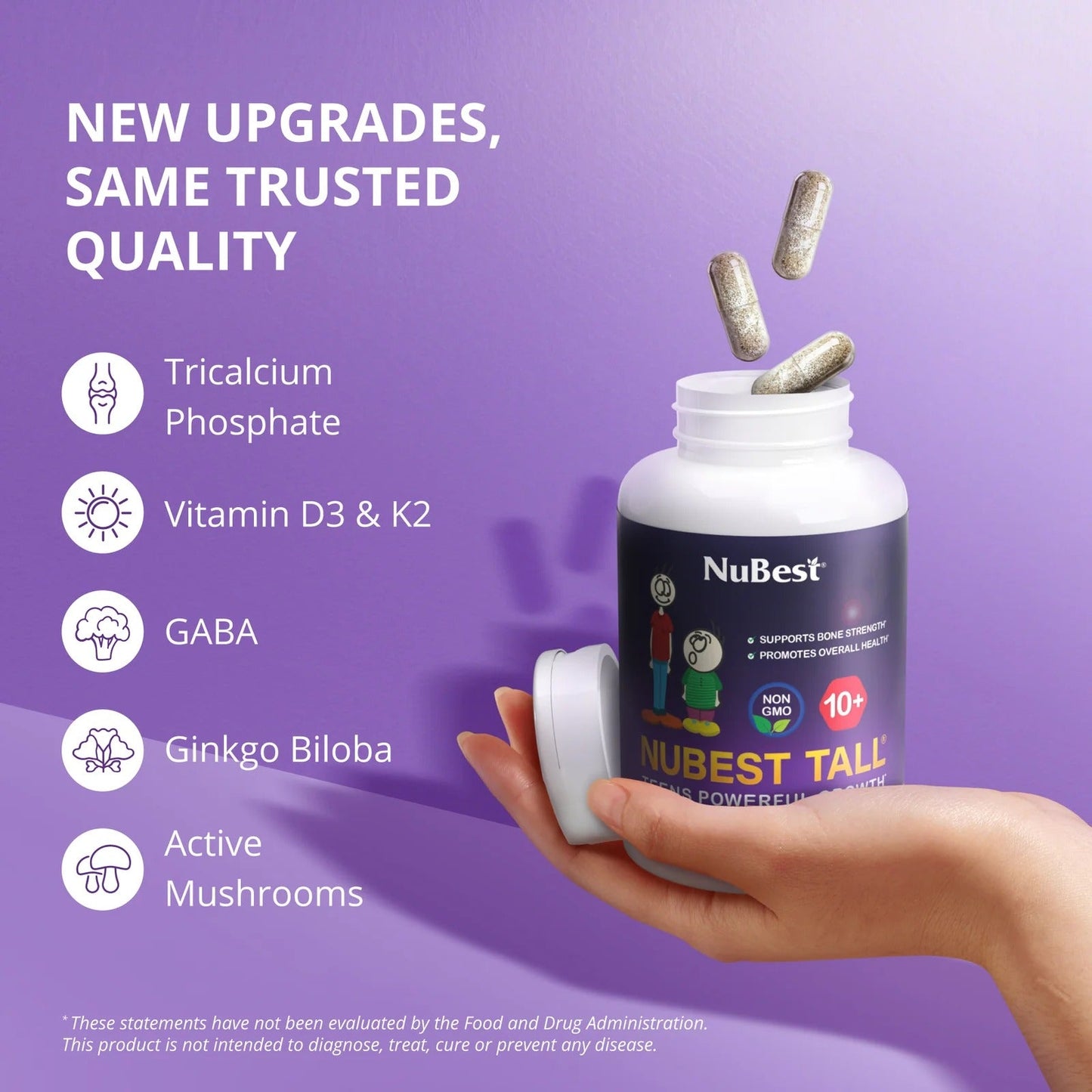 NuBest Tall 10+ Premium Bone Strength Formula, Enhanced Immunity and Overall Health for Age 10+ with Calcium, Vitamin D3, Vitamin K2, and Multivitamins | 60 Capsules | 1 Month Supply
