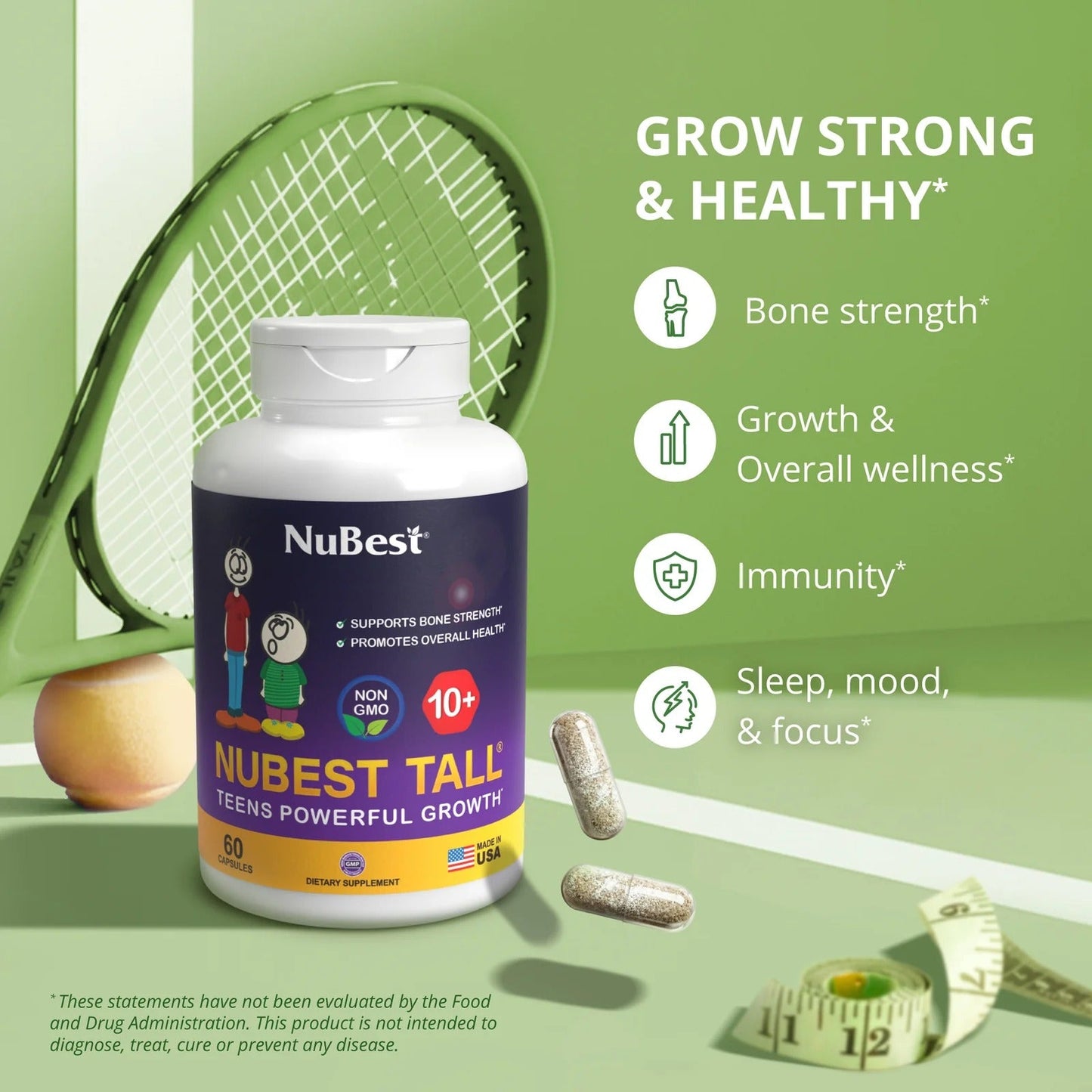 NuBest Tall 10+ Premium Bone Strength Formula, Enhanced Immunity and Overall Health for Age 10+ with Calcium, Vitamin D3, Vitamin K2, and Multivitamins | 60 Capsules | 1 Month Supply
