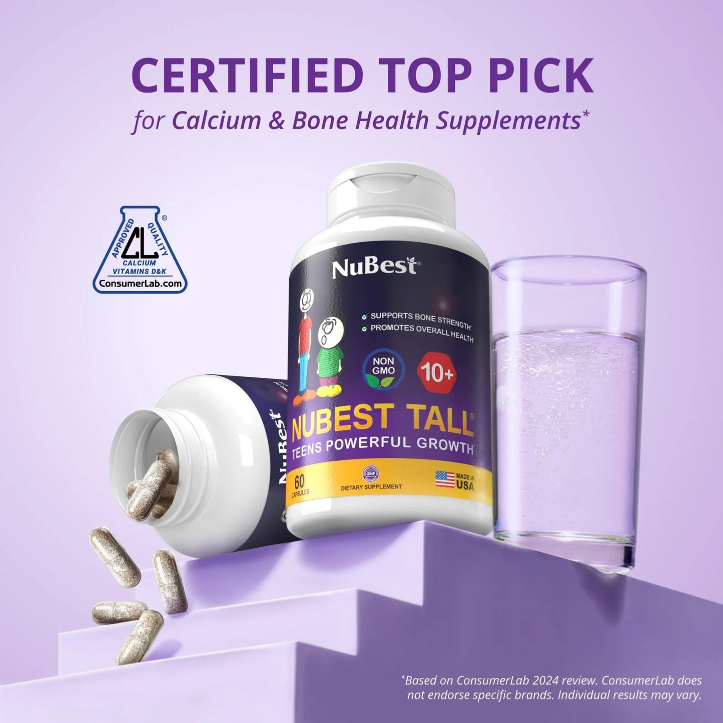 NuBest Tall 10+ Premium Bone Strength Formula, Enhanced Immunity and Overall Health for Age 10+ with Calcium, Vitamin D3, Vitamin K2, and Multivitamins | 60 Capsules | 1 Month Supply